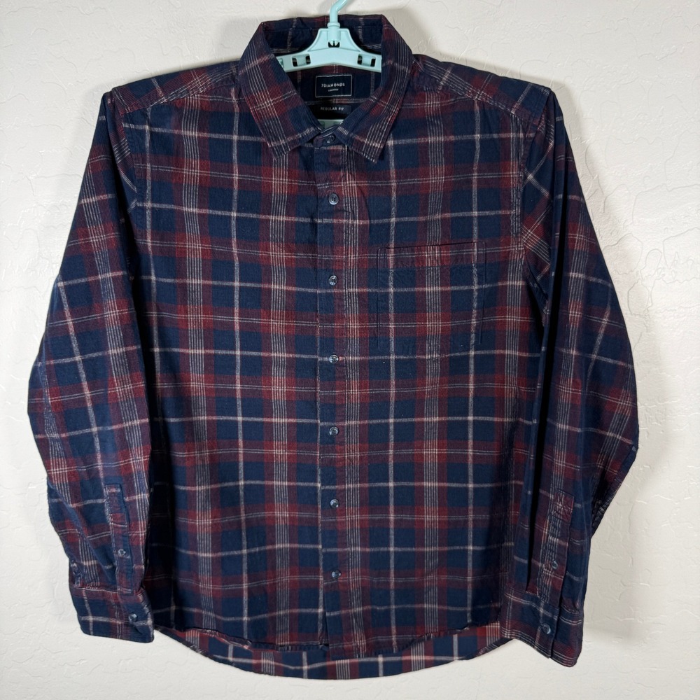 7‎ Diamonds Shirt Mens XL Blue Red Corduroy Button Up Plaid Regular Fit
